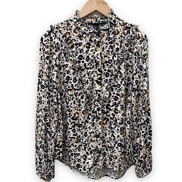 Anthropologie Maeve Katia Ruffled Button Down Shirt Leopard Blouse‎ 2P 2 Petite - Picture 1 of 6